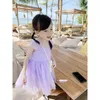 Filles coréennes robe froncée pour enfants solide soleil été cape manches tutu vacances 210529