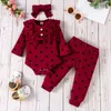 Jesień Wiosna Kids Ribbed Odzież Zestaw Odzież Cute Baby Heart Print Z Długim Rękawem Bow Top Spodnie Opaski 3 sztuk / Ustaw dzieci Casual stroje M3919