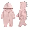 Spring Kids Tales born Baby Romper Suit Solid Hooded Dino Boys Girls Cotton Babywear 4 Colours 211101