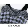 KPYTOMOA Mujeres Dulce Moda Patchwork Plaid Recortado Punto Tank Top Vintage Sin espalda Correas anchas Mujer Camis Chic Tops 210308