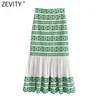 Zevity Women Vintage Green Floral Broderi Patchwork Hem Ruffle Kjol Faldas Mujer Kvinna Sida Zipper Casual Midi Qun808 210708