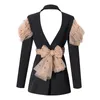 Costumes pour femmes Blazers 2021 printemps mode longueur moyenne manteau à pois maille épissage col cranté dos nu Blazer Cc85