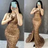 Sparkling Mermaid Evening Dresses With Halter Backless Plus Size Dark Gold Sequins Women Formal Prom Party Gowns Middle East Dubbai Arabic Style