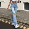 Y2K Hollow Out Kvinnor Bell Bottoms Ripped Jeans Mom High Waist Chic Flared Denim Byxor Vintage Wide Ben Hole Byxor 6338 211129