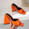 Slippers Dames Design 10cm Hoge Hakken Slides Muileas Zomer Peep Toe Patent Lederen Groen Geel Dikke Blok Party Schoen