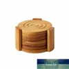 Pads 6-Pack Set Bamboo Wooden Coaster with Holder, Round Cup Coasters, Tan