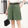 Jielur Moda coreana Casual Pantalones cortos de verano Mujeres sueltas Pierna ancha Pantalon Femme Cinturón Verde Blanco Pantalones cortos de cintura alta Mujer S-XXL 210317