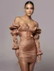 Two Piece Dress Long Lantern Sleeve Square Collar 2021 Winter Women Satin Mini Sexy Party Vesyidos