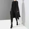 Korean Woman Solid Black Unique Cape Style Jacket Open Design Big Size Long Tape Metal Holes Ladies Loose Jacket Cloak 3843 210928