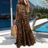Elegante verano Maxi DrZANZEA mujer Sexy estampado de leopardo SundrHalter SleevelBeach Ruffle Vestido largo bata de talla grande 7 X0529