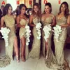 Sparkly Bling Gold Sequined Mermaid Bridesmaid Dresses Backless Slit Plus Size Maid of the Honor Gowns Wedding Dress2480994