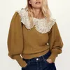 Kobiety swetry Zcsmll dla kobiet okrągły kołnierz podzielony koronkowy projekt długiego rękawu jesienne zimowe wierzchołki luźne luźne rozmiar swobodny sweter 2021 Tide