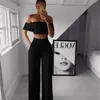 Sommer Weiß Schwarz 2 Stück Set Frauen Kleidung Breite Bein Hosen Anzüge Sexy Crop Top + Lange Hosen Mode Frau trainingsanzüge T200825