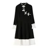 PERHAPS U Women Chinese Style Dress Cheongsam Long Sleeve Mini Dress Black And White Patchwork Flare Sleeve Buckle D1740 210529