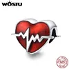 Wostu 925 Sterling Silver HeartBeat Heart Perle RED smalto ROSSO Fondamello Fit Bracciale Originale Bracciale Gioielli fai -da -te che producono CQC1151 Q0531