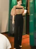 Mode noir point lanterne manches maille chemise et taille haute pantalons longs costume deux pièces été coréen bureau OL travail ensemble 210529