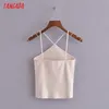 Tangada Women Sexy White Knit Camis Crop Top Spaghetti Sleeveless Backless Short Blouses Shirts Female Casual Solid Tops 3H104 210609