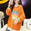 H.Sa Roupa Mujer Kobiety Dzianiny Sweter i Zwiąż Z Kapturem Słodki Serce Drukuj Rainbow Swetry Blue Jumper Pull Femme Hiver 210716