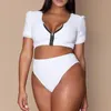 XL-4XL Plus Size Bikini Set Pad Zipper Front Swimsuit Large Swimwear 2021 High Waist Monokini Female Short Sleeve Bathing Suit