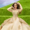 Z długim rękawem Sweet 16 Złote Koronki Quinceanera Dresses Długie Suknia Balowa Vestidos Para 15 Vestido de XV Años 2022 V Neck Brathday Party Wear Prom Suknia