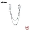 WOSTU 100% 925 Sterling Silver Silicon Safety Chain Charm Fit Originele Armband Hanger Zirkoon Zilver Eenvoudige Sieraden CQC1419 Q0531