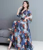 Zomer mode elegante vrouwen bedrukte geplooide jurk driekwart mouwen v-hals chiffon print jurk 210531