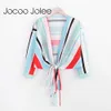 Jocoo Jolee Sexy Deep V-Neck Women Colorful Striped Blouse Lace up Design Nine Quarter Sleeves Summer Wearings 210619