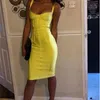Sexy mouwloze v nek groen gele vrouwen bodycon bandage jurk ontwerper mode avond feestjurk Vestido 210303