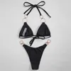 Metal Yüzükler Mikro Bikini Kadın Mayo Push Up Set Mayo Kadın Siyah Brezilyalı Mayo Beachwear Biquini 210702