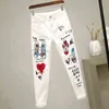 Women White Skinny Denim Pants Cartoon Graffiti Printed Stretch Jeans Autumn Slim Body Pencil Ladies Plus Size 211129