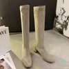Stivali 2021 inverno donna tessuto elasticizzato calzino lungo floccato blocco 5 cm tacco alto scarpe coscia bassa ginocchio