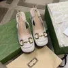 Chic Women Leather Mid-Heel Slingback Dress Shoes Square Formed Toe Designer Lady Letter Tryckt Skulpterat Block H￤lgummisulpump