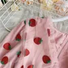 Pink Strawberry Shirts Mesh Sexy V Neck Blouses Woman Summer Puff Sleeve Blusa Shirts Casual Sweet Tops Female party blouse 210308