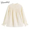 Yitimuceng Dobra Blusa Mulheres Camisas Solta Primavera Moda Coreana Meia Coleira Princesa Mangas Chiffon Doce Tops 210601