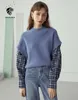 Fansilanen nep tweedelige set oversized blauw gebreide trui vrouwen lange mouw patchwork pullover winter casual jumper knitwear 210607