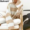 BeAvant Maglione lavorato a maglia a righe casual da donna O collo pullover spesso maglione femminile Maglione di lana sciolto morbido streetwear inverno 210709