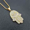 Women's Men's Hamsa Hand of Fatima Necklace Gold Color Stainless Steel Iced Out Evil Eye Pendant & Chain Hip Hop Turkish Jewelry