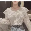 Lady Fashion White Doll Collar Long-Sleeve Shirt Embroidered Hollow Crochet Summer Thin Women Casual Blouse Tops P009 210527