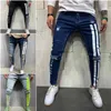 Letterdrukken Ripped Potlood Jeans Mannen Skinny Biker Side Gestreept Vernietigd Gat Hip Hop Slim Fit Jean Heren Pant 210723