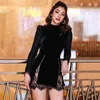 Trendig Lace Black Velvet Mini Dress för Kvinnor Långärmad Zipper Vestidos Evening Party Sexiga Klänningar Höst Vinter 210527