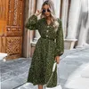 Wiosna Długi Rękaw Midi Sukienka Kobiety Letni Leopard Drukuj Loose White Green Casual Dresses 2021 Moda Odzież damska Elegancka Y0603