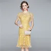 Högkvalitativ Sommar Kvinnor Lace Dress Floral Crochet O-Neck Kortärmad Retro Vintage Long 210603