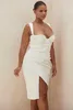 Wiosna Damska Dress Moda Square Neck Plised Split Sukienka Seksowna Torba Hip Tight-Dopasowany Elegancka Casual Party Dress 210625