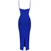 Mulheres Sexy Bhole Bhole Designer Mid-bezerro Azul Bandage Vestido Elegante Noite Clube Prom Celebridade Bodycon Party Vestido 210527