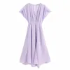 Женщины шикарные моды фиолетовый горошек текстурированные MIDI платье винтажные крест V шеи с коротким рукавом платья вскользь девушки Vestidos 210531