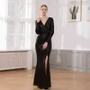 Silver Sequined Maxi Dress Black Burgundy Green V Neck Evening Party Wrap Dress Stretchy Full Sleeved Long Lining Low Slit Leg 210719