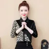 Fashion Spring Korean Print Långärmad Leopard Stitched Splice T-shirts Kvinnor Plus Size Womens Tops och blouses 8054 50 210527