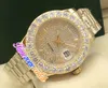 44mm DAG DATUM A2813 Automatisk herrklocka Big Diamond Bezel Gypsophila Dial Rom Markers 18K Yellow Gold Steel Armband Watches Tim227T