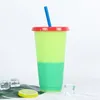 700ml Reusable Bottom Outdoor Portable Cup Plastic Tumbler Matte Finish temperature sensitive color changing Cups with Straw Lid Coffee Juice Cup Mugs