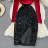Herfst winter vrouwen pailletten fluwelen patchwork party bodycon jurk vrouwelijk zwart/rode v-hals lange mouw hoge taille vestidos new 2022